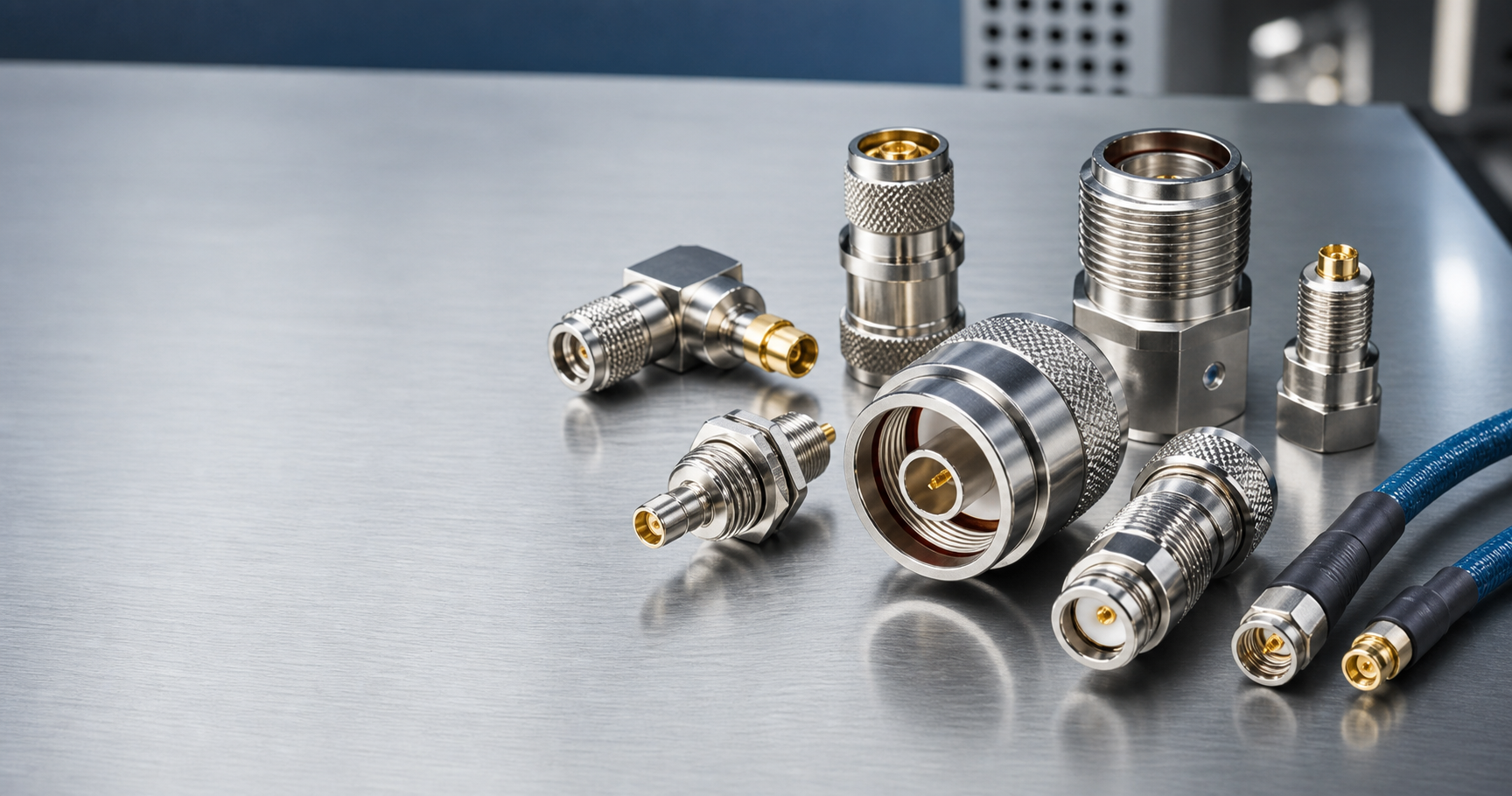 Precision RF coaxial connectors on a manufacturing workbench